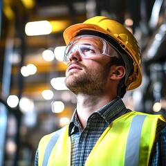 male worker, safety engineer, looking slightly upward, wearing safety PPE, concentrated, workplace safety.