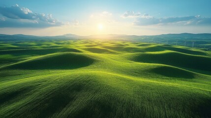 Obraz premium Aerial View of Rolling Green Hills at Sunset