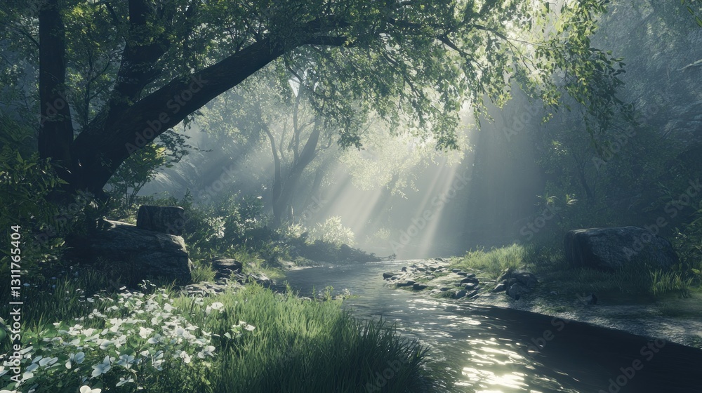 Poster stream flowing through a lush forest with sunbeams shining through trees