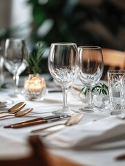 Fototapeta premium Elegantly set table with wine glasses and silverware on a white tablecloth.