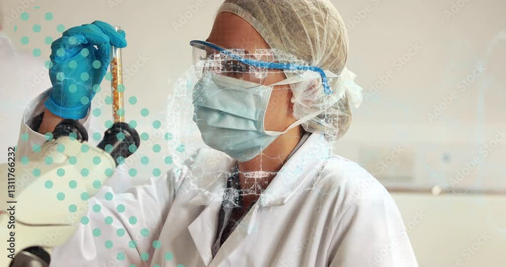 Poster examining sample with digital data overlay, scientist in lab coat working