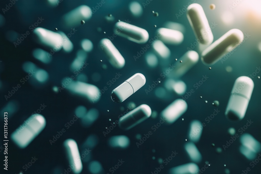 Poster Floating pills in zero gravity with soft shadows and cinematic lighting create an abstract medical theme in detailed composition