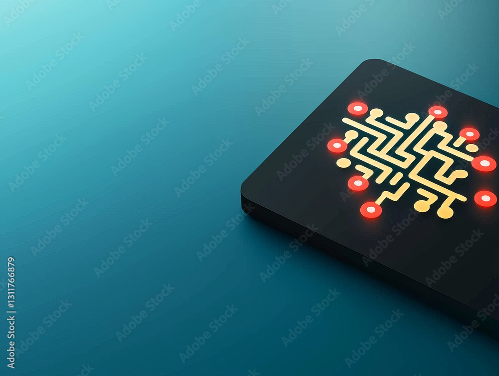 Wall mural abstract circuit board design with glowing elements on teal background