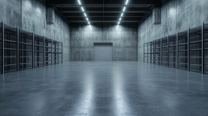 Industrial Concrete Warehouse Interior: Empty Space with Metal Shelving and Roller Door