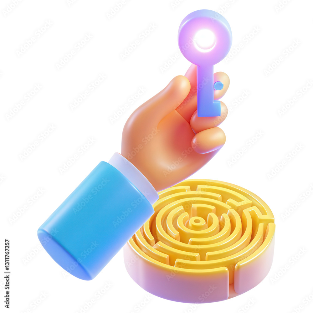 Poster a glowing key held above a maze symbolizes discovery and solutions in a mystical context.