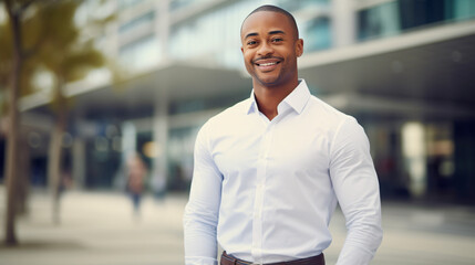 Fototapeta premium A handsome African-American business man wearing a shirt, with space for text or a message.