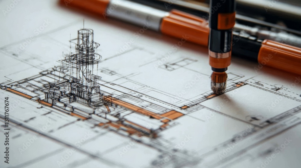 Poster close-up of an architectural sketch with pens highlighting a detailed building design. the image cap