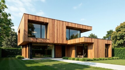 Fototapeta premium Modern Architectural Design A Luxurious Wood-Clad Residence with Expansive Windows and Lush Landscaping