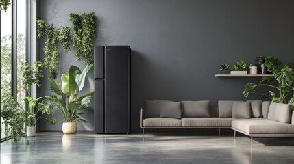 Modern Black Refrigerator in Minimalist Living Room Interior with Plants
