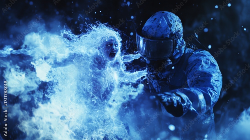 Poster an intense scene of a fully suited astronaut facing a ghostly, water-like creature in a sci-fi setti
