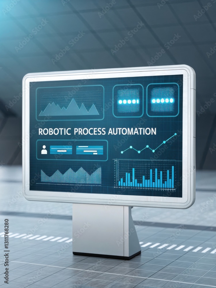 Poster a sleek monitor displays data analytics related to robotic process automation (rpa), featuring chart