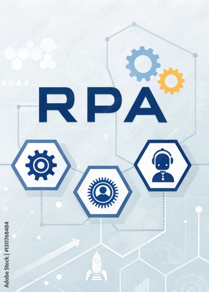 Poster the image features a design focused on rpa (robotic process automation) with gears and icons represe