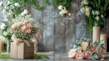 Elegant Floral Arrangement: Peach Roses and Baby's Breath in Rustic Wooden Box