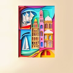 Corpus Christi, Texas, paper cut illustration - A city with a boat