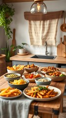 Naklejka premium Sustainable Air Fried Dishes on a Kitchen Table Surrounded by Eco Friendly Materials