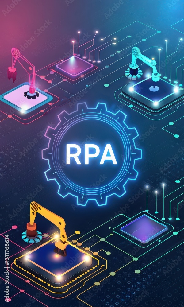 Poster a digital illustration depicting robotic arms connected to circuits, highlighting the concept of rob