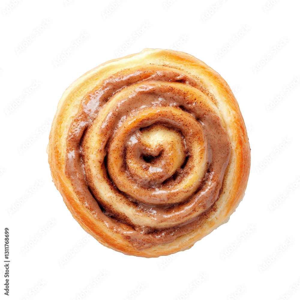 Poster a freshly baked cinnamon roll. showcasing its spiral shape filled with a rich. brown cinnamon-sugar 
