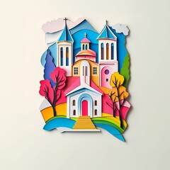 Naklejka premium Rustavi, Georgia, paper cut illustration - A paper cut of a church with a steeple