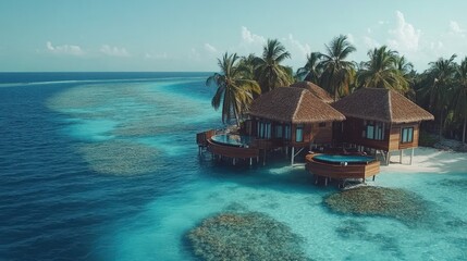 Fototapeta premium Luxury Overwater Bungalows on Tropical Island with Turquoise Ocean View