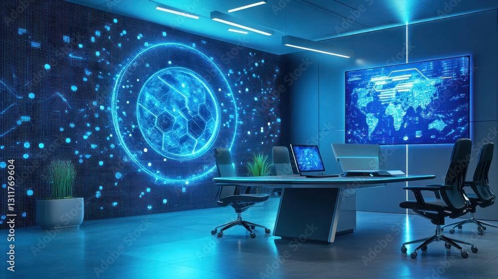 Poster modern tech conference room with world map and digital displays