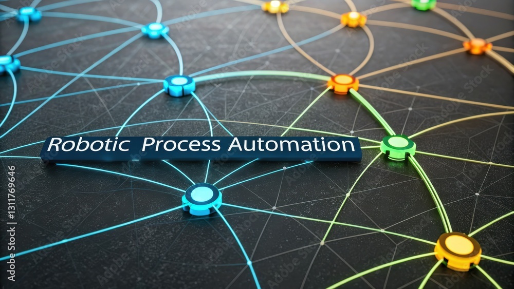 Poster a digital network depiction illustrating concepts related to robotic process automation (rpa) with i