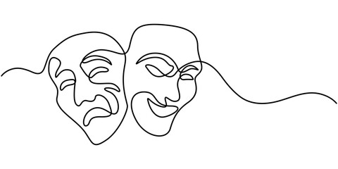theater mask tragedy and humor oneline continuous line art, Theater mask tragedy and humor one line continuous line art. Character mask sketch. Smiling face and crying face outline vector illustration