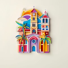 West Covina, California, paper cut illustration - A church with a clock tower and palm trees