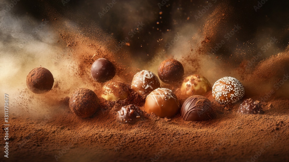 Poster a visually captivating image of assorted chocolate truffles, artfully arranged in a dramatic explosi