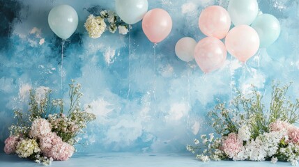 Pastel Balloons and Flowers Against a Blue Background