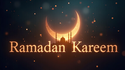 Naklejka premium Ramadan Kareem Glowing Crescent Moon and Mosque