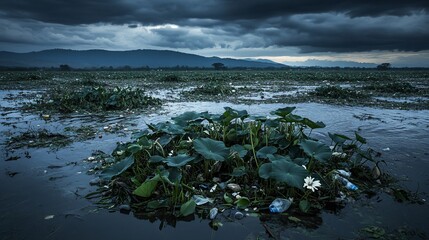 Polluted lake, cloudy sky, plastic debris