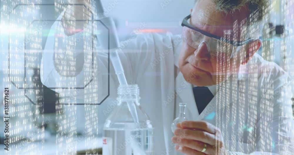 Poster conducting experiment, scientist with data processing animation overlay in lab