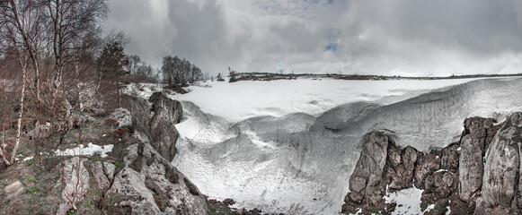 Winter on the Lago Naki plateau. Karst sinkholes, crevices, gorges. Krasnodar Region, Republic of Adygea