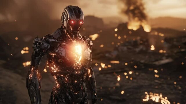 Towering cybernetic soldier stands amidst ruins destroyed city, glowing with molten energy, eyes burning red with ominous gaze. Concept artificial intelligence, war, apocalypse, technology, cybernetic