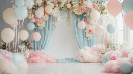 Pastel Dreamland: A Whimsical Balloon and Flower Backdrop
