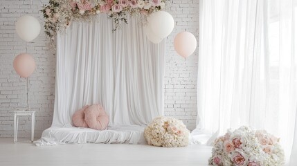 Elegant Pink and White Balloon Decor Studio Setup