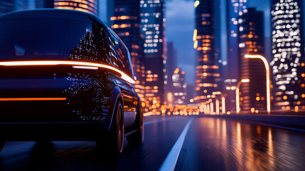 Fototapeta premium Futuristic self-driving van navigating urban cityscape