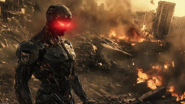 Towering cybernetic soldier stands amidst ruins destroyed city, glowing with molten energy, eyes burning red with ominous gaze. Concept artificial intelligence, war, apocalypse, technology, cybernetic