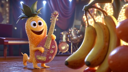 A fun banana character, with a joyful expression, plays a sparkling guitar in a lively concert scene. Surrounded by other fruits and colorful lights, the illustration exudes energy and cheerfulness