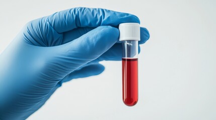 A gloved hand securely holding a capped test tube filled with blood. The image is symbolic of medical testing, blood work, and healthcare processes, commonly seen in labs and hospitals.. AI Generation