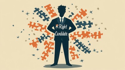 Jigsaw puzzle pieces composed of human silhouettes labeled "right candidate" for recruitment and team building scenarios, vector illustration, simple style.