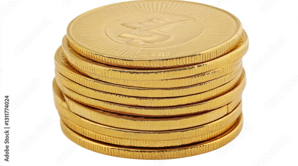 Poster a close-up of neatly stacked gold coins against a plain white background, representing concepts of w