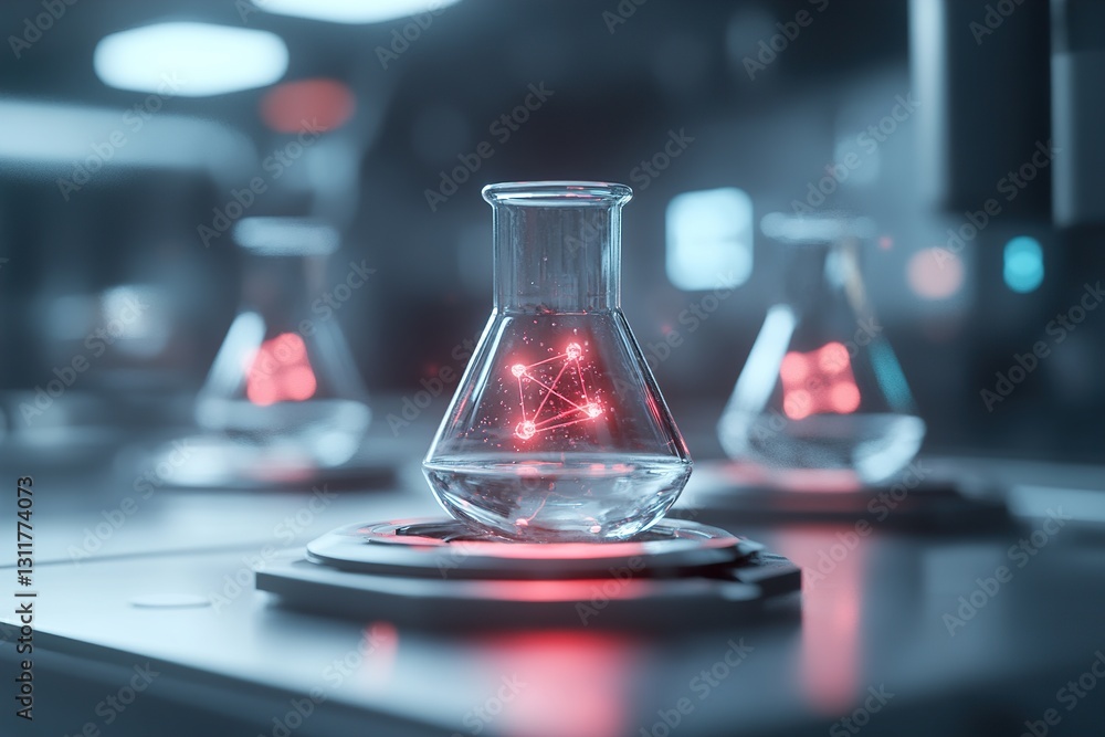 Poster microscopic radioactive particles float weightlessly in a dark laboratory, illuminated with a soft g