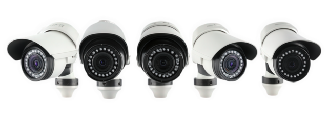 lineup of five security cameras. showcasing different designs and lens types. all positioned in a row against a white background these cameras are primarily used for surveillance and monitoring purpos