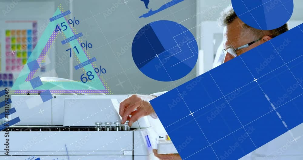 Poster in laboratory, scientist analyzing data charts with animation overlay on screen