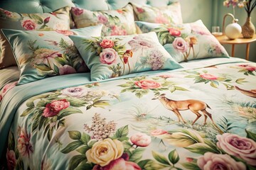 Vintage Pastel Watercolor Animal Print Bedding Set Stock Photo