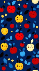 Cartoon apples pattern on blue background for design