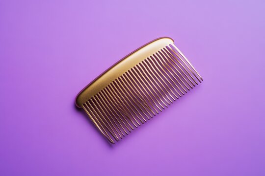 A single gold hair comb rests on a simple purple background