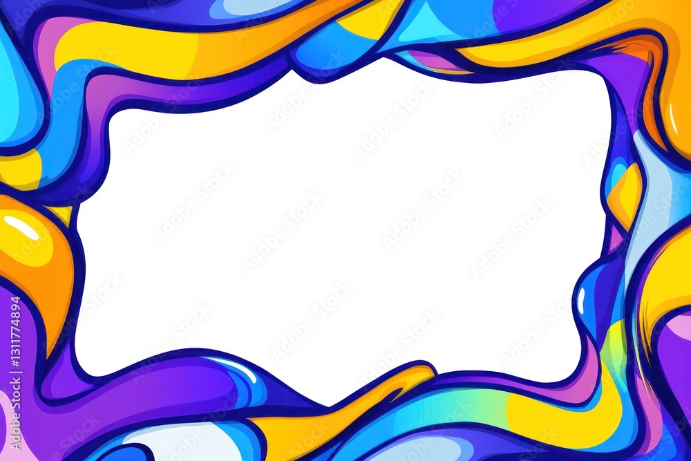 Poster abstract colorful flowing liquid forms a frame around a white space. decorative border background