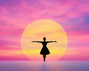 Fototapeta premium Silhouette of a Dancer with Outstretched Arms Against a Vibrant Sunset Background